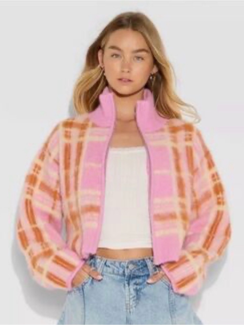 wild fable Pink & Orange Plaid Cropped Teddy Jacket